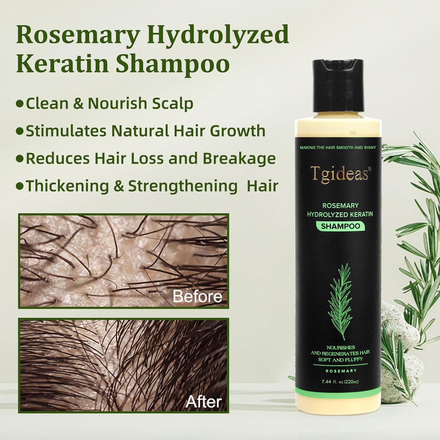 Organic Rosemary Hair Growth Shampoo for Women and Men-Natural Thickening & Strengthening Shampoo with Hydrolyzed Keratin for Thinning Hair & Hair Loss 7.4 fl.oz